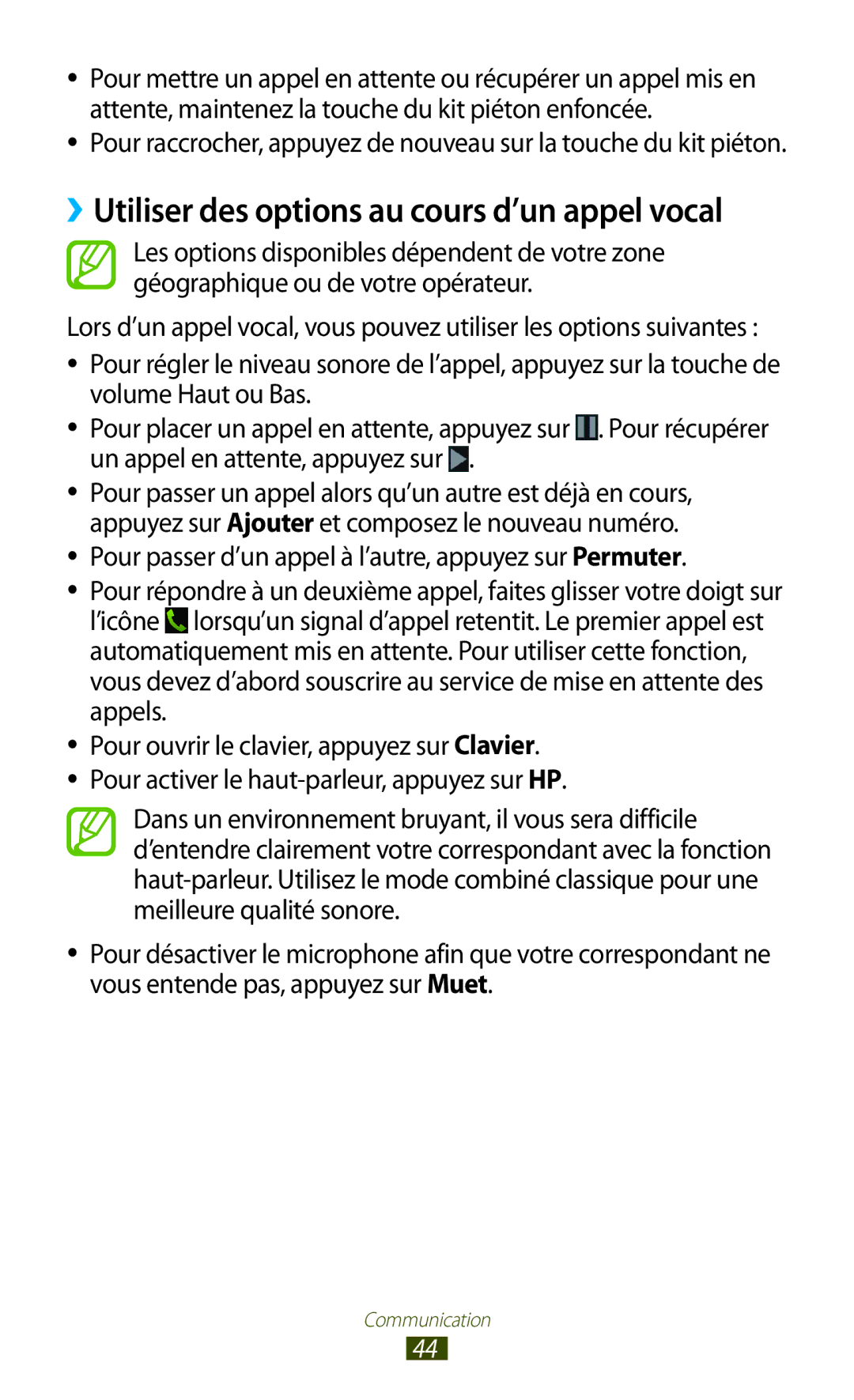 Samsung GT-I8160OKPNRJ, GT-I8160OKPXEF, GT-I8160ZWPXEF manual ››Utiliser des options au cours d’un appel vocal 