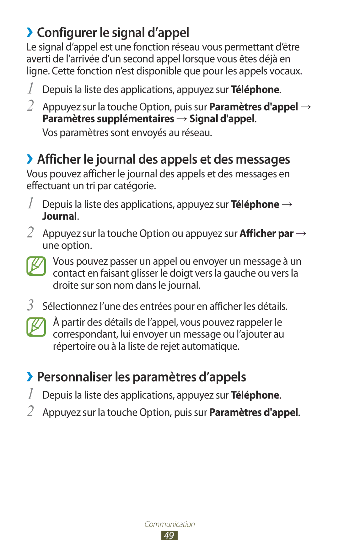 Samsung GT-I8160ZWPXEF, GT-I8160OKPXEF manual ››Configurer le signal d’appel, ››Personnaliser les paramètres d’appels 