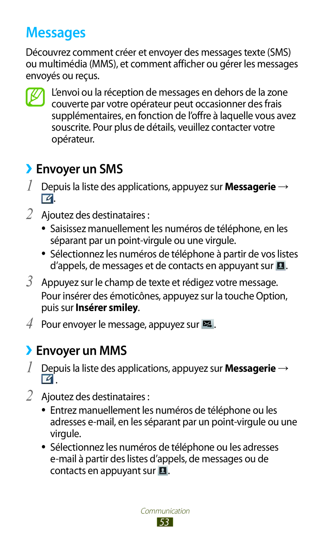 Samsung GT-I8160OKPNRJ, GT-I8160OKPXEF, GT-I8160ZWPXEF manual Messages, ››Envoyer un SMS, ››Envoyer un MMS 