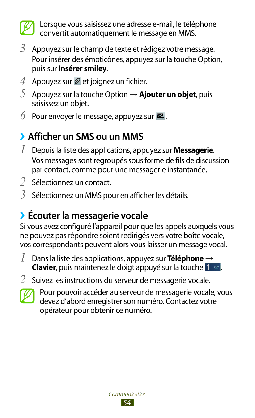 Samsung GT-I8160OKPXEF, GT-I8160ZWPXEF, GT-I8160OKPNRJ manual ››Afficher un SMS ou un MMS, ››Écouter la messagerie vocale 