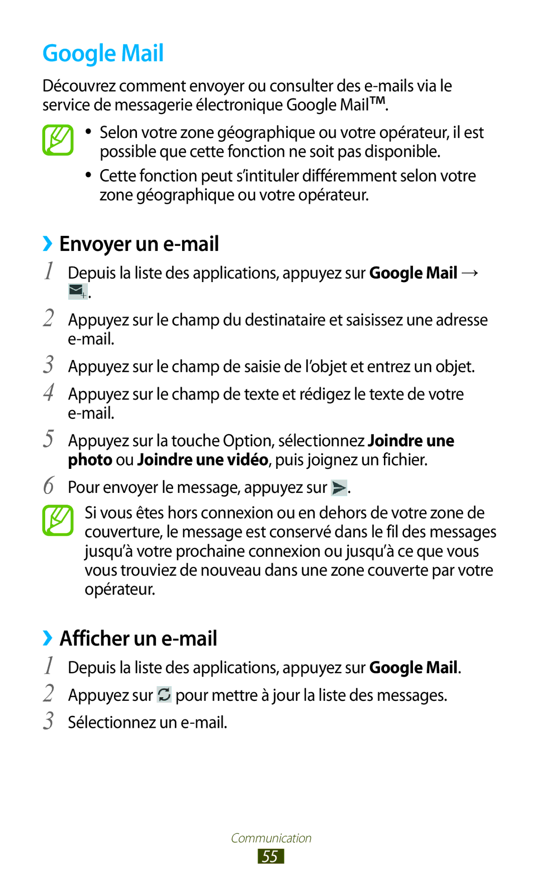 Samsung GT-I8160ZWPXEF, GT-I8160OKPXEF manual Google Mail, ››Envoyer un e-mail, ››Afficher un e-mail, Sélectionnez un e-mail 