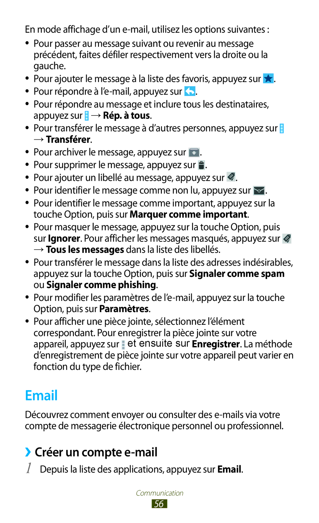 Samsung GT-I8160OKPNRJ manual ››Créer un compte e-mail, → Transférer, Depuis la liste des applications, appuyez sur Email 