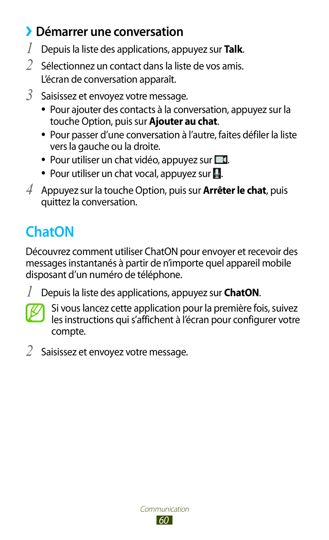 Samsung GT-I8160OKPXEF, GT-I8160ZWPXEF, GT-I8160OKPNRJ manual ChatON, ››Démarrer une conversation 