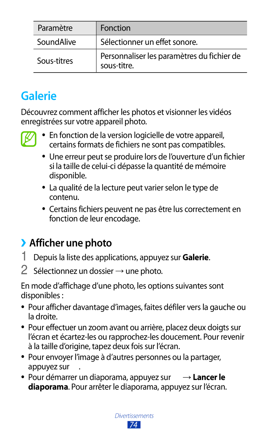 Samsung GT-I8160OKPNRJ, GT-I8160OKPXEF, GT-I8160ZWPXEF manual Galerie, ››Afficher une photo, Sous-titre 