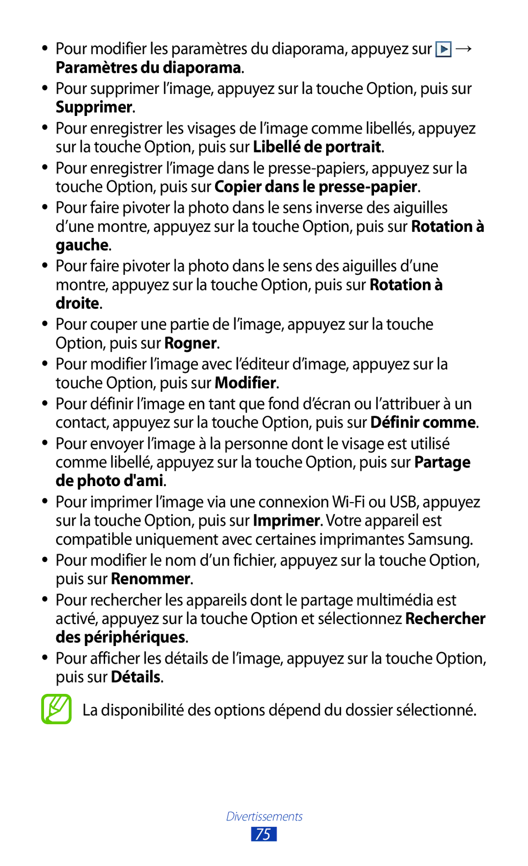 Samsung GT-I8160OKPXEF, GT-I8160ZWPXEF, GT-I8160OKPNRJ manual La disponibilité des options dépend du dossier sélectionné 