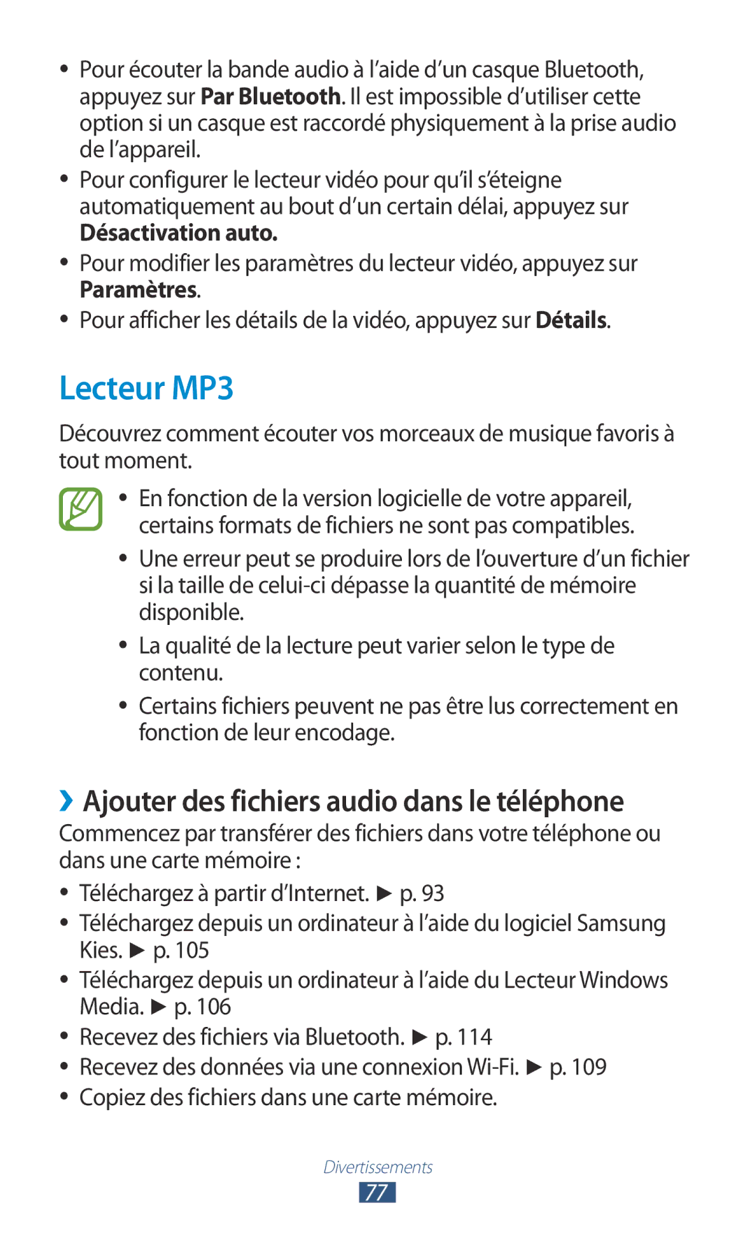 Samsung GT-I8160OKPNRJ, GT-I8160OKPXEF, GT-I8160ZWPXEF manual Lecteur MP3, ››Ajouter des fichiers audio dans le téléphone 