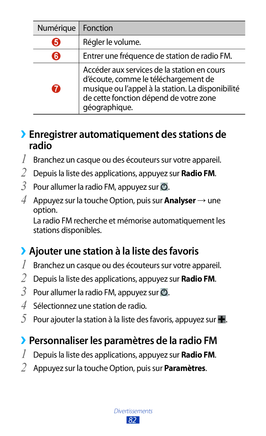 Samsung GT-I8160ZWPXEF ››Enregistrer automatiquement des stations de radio, ››Ajouter une station à la liste des favoris 