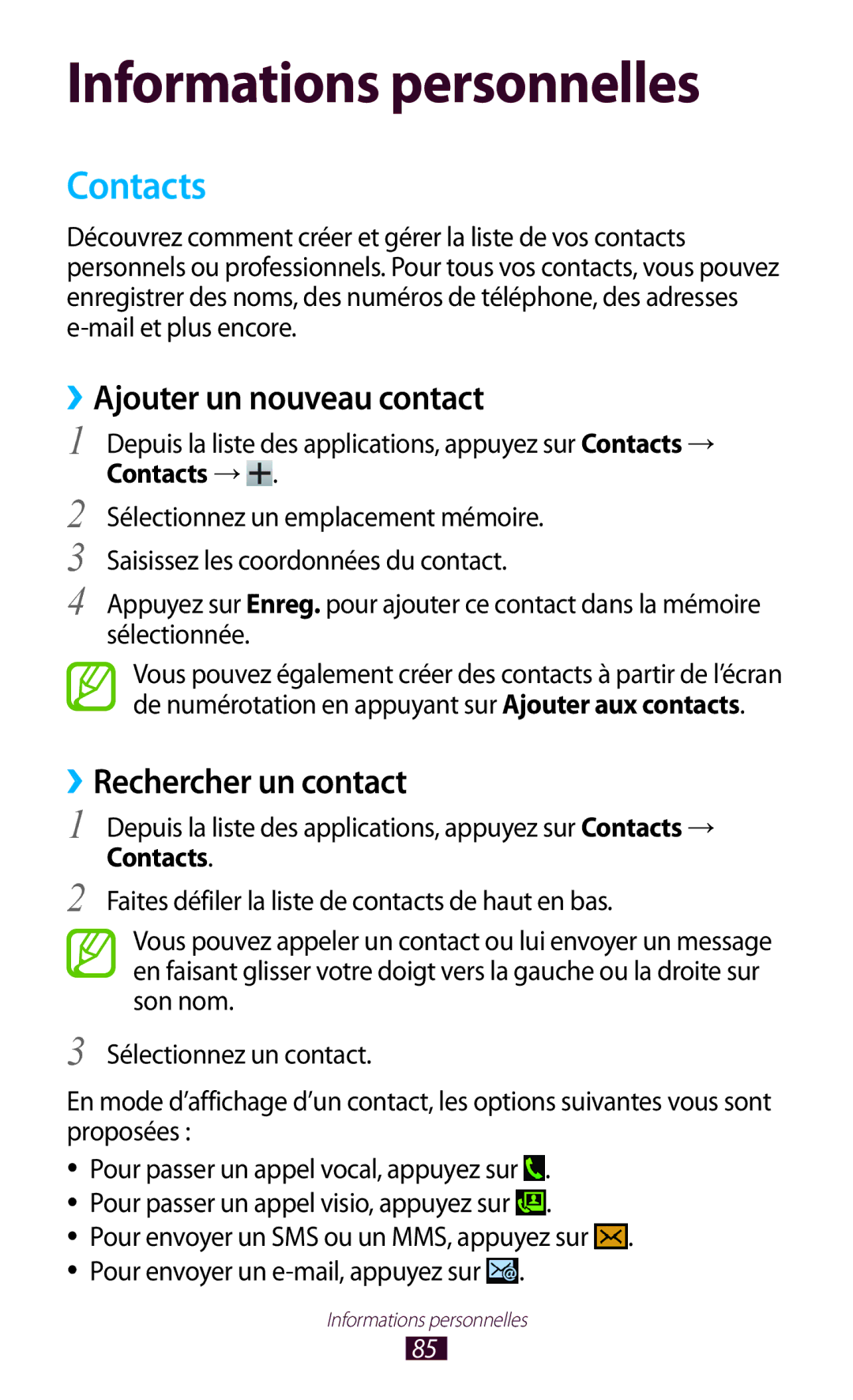 Samsung GT-I8160ZWPXEF, GT-I8160OKPXEF, GT-I8160OKPNRJ manual Contacts, ››Ajouter un nouveau contact, ››Rechercher un contact 