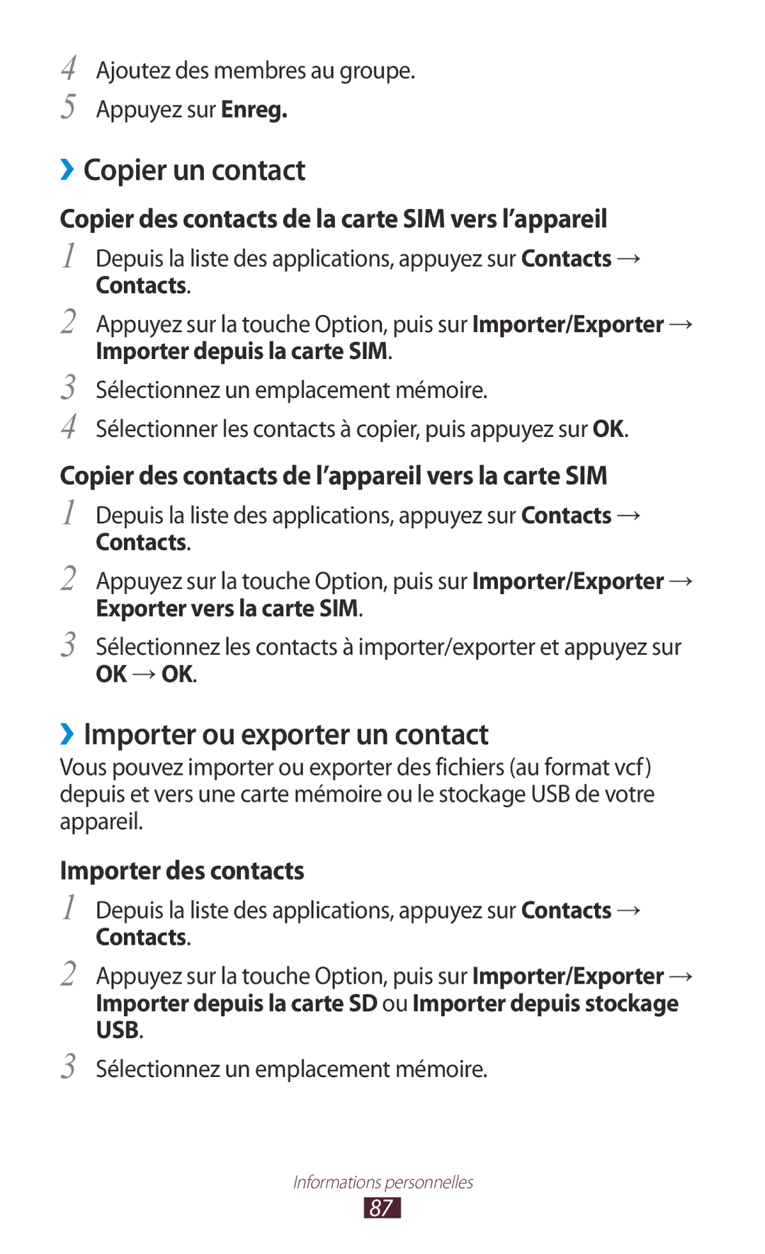 Samsung GT-I8160OKPXEF manual ››Copier un contact, ››Importer ou exporter un contact, Importer depuis la carte SIM, Ok → Ok 