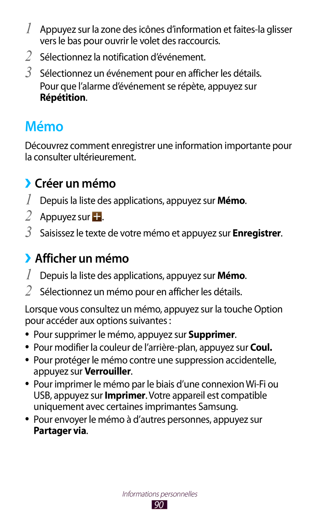 Samsung GT-I8160OKPXEF, GT-I8160ZWPXEF, GT-I8160OKPNRJ manual Mémo, ››Créer un mémo, ››Afficher un mémo 