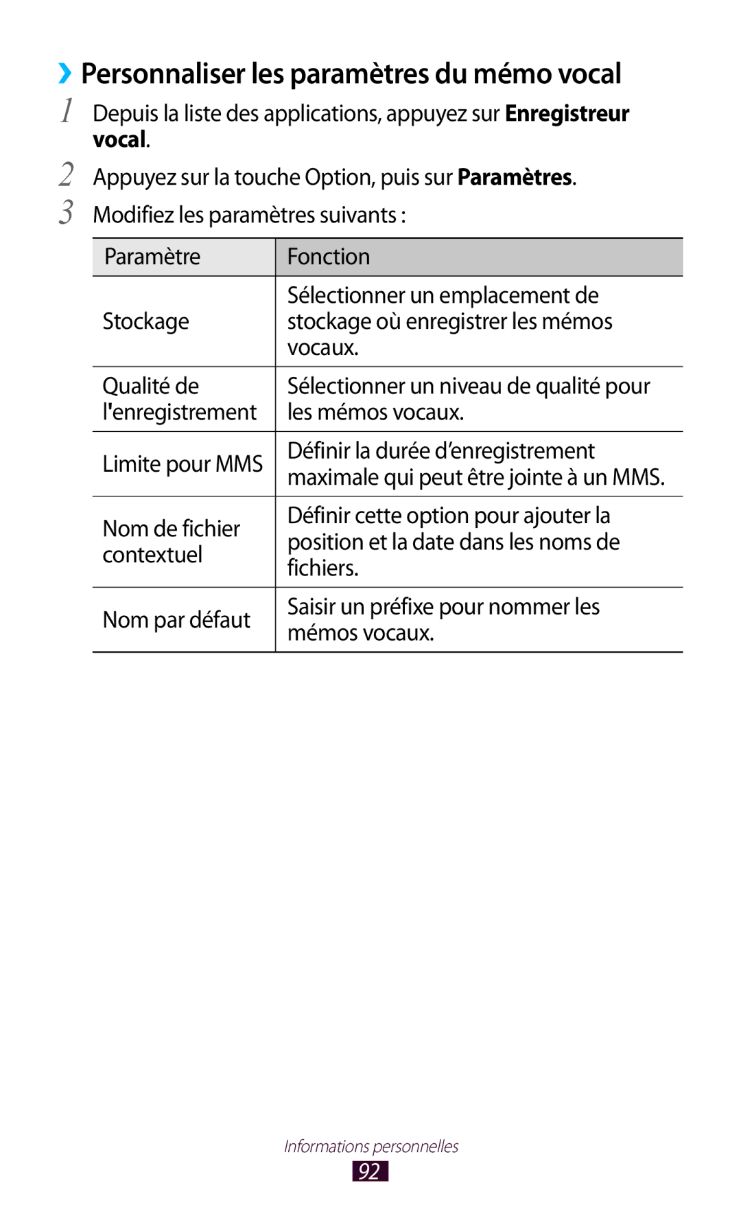 Samsung GT-I8160OKPNRJ, GT-I8160OKPXEF manual ››Personnaliser les paramètres du mémo vocal, Lenregistrement Les mémos vocaux 