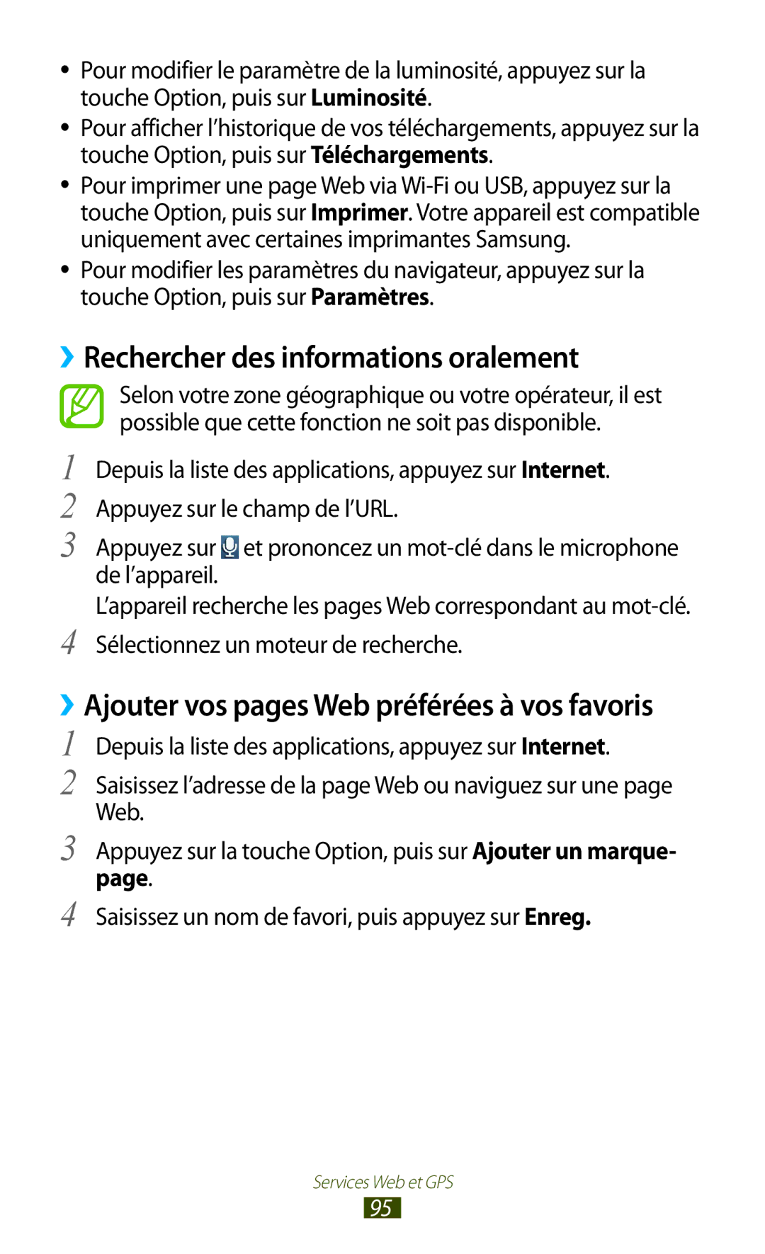 Samsung GT-I8160OKPNRJ manual ››Rechercher des informations oralement, ››Ajouter vos pages Web préférées à vos favoris 