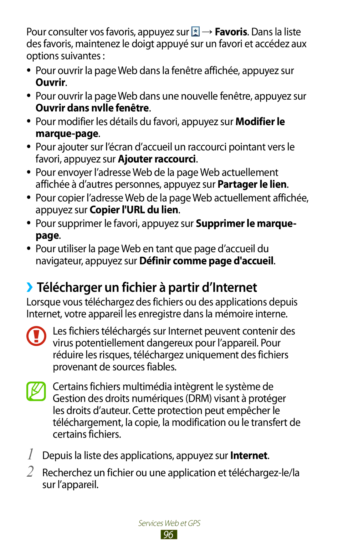 Samsung GT-I8160OKPXEF, GT-I8160ZWPXEF, GT-I8160OKPNRJ manual ››Télécharger un fichier à partir d’Internet, Marque-page 