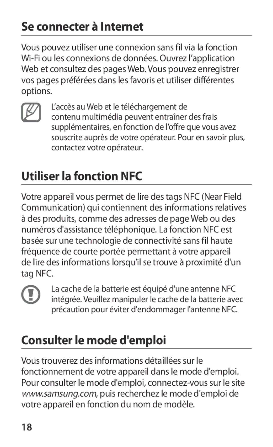 Samsung GT-I8160OKPXEF, GT-I8160ZWPXEF manual Se connecter à Internet, Utiliser la fonction NFC, Consulter le mode demploi 