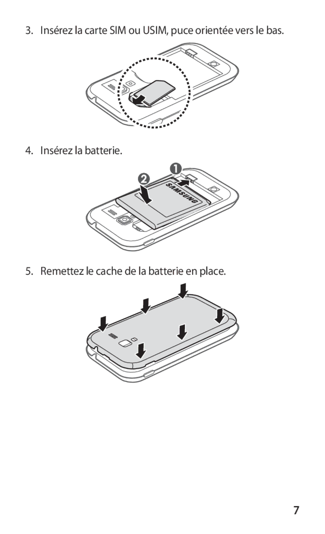 Samsung GT-I8160ZWPXEF, GT-I8160OKPXEF, GT-I8160OKPNRJ manual Insérez la carte SIM ou USIM, puce orientée vers le bas 
