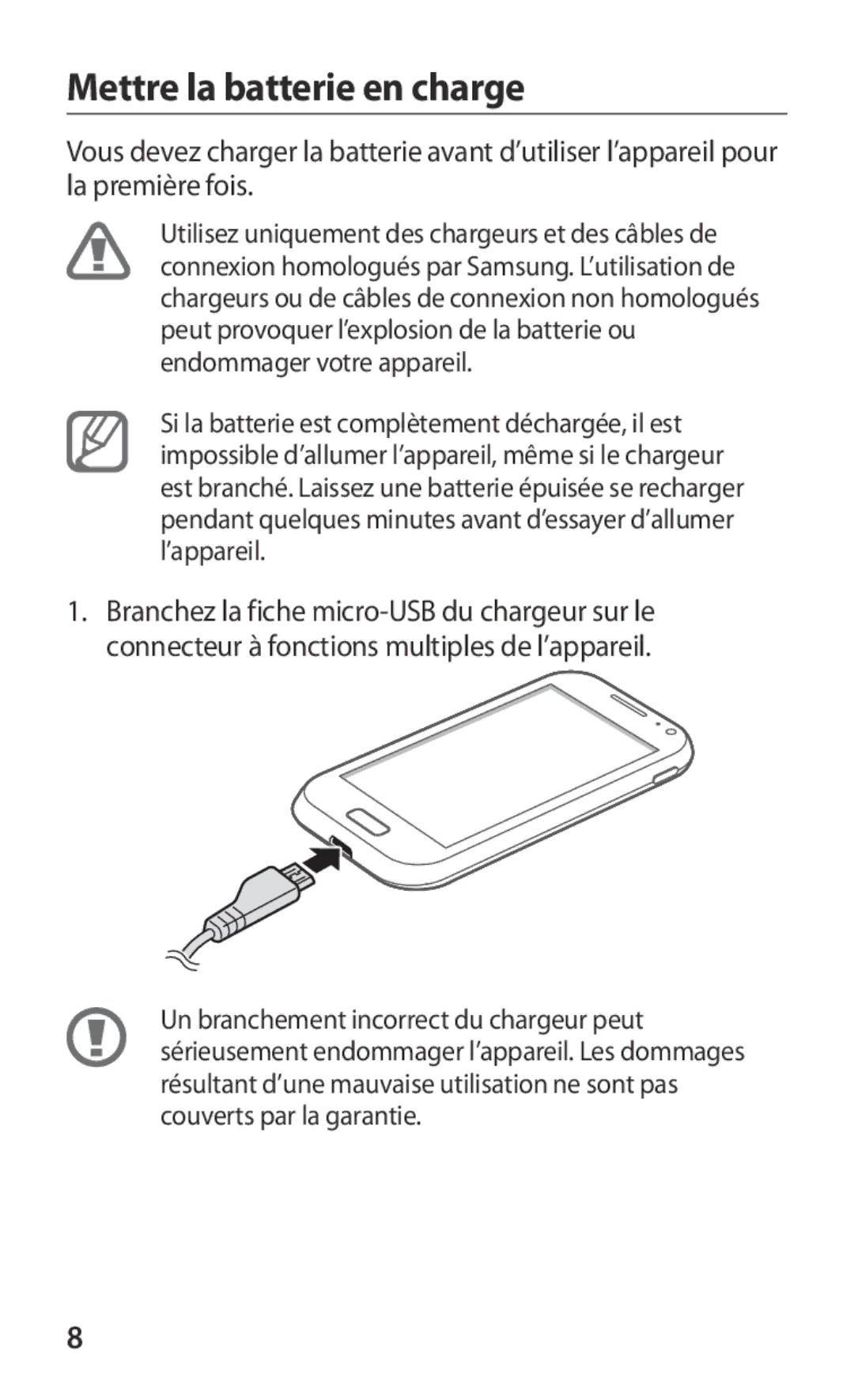 Samsung GT-I8160OKPNRJ, GT-I8160OKPXEF, GT-I8160ZWPXEF manual Mettre la batterie en charge 