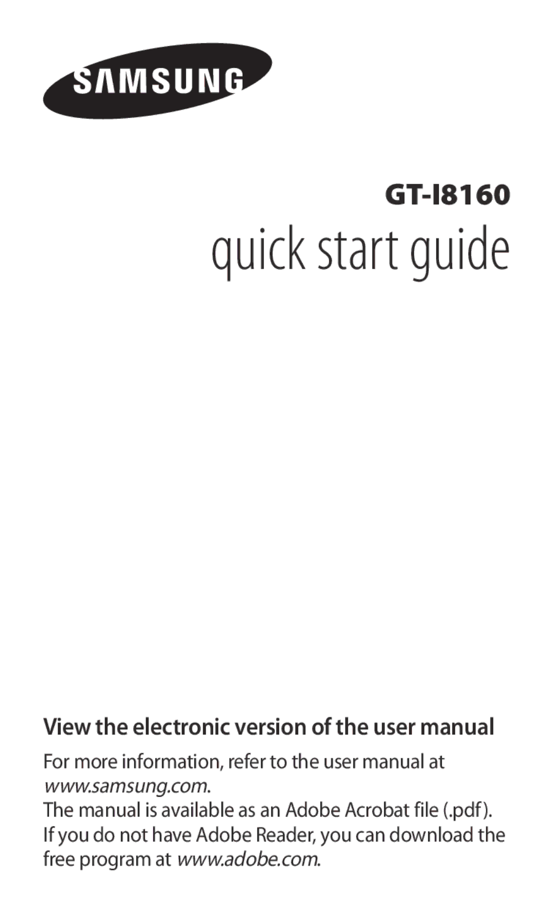 Samsung GT-I8160OKAEPL, GT-I8160ZWADBT, GT-I8160OKAXEO, GT-I8160OKATUR, GT-I8160OKAEUR manual Quick start guide 