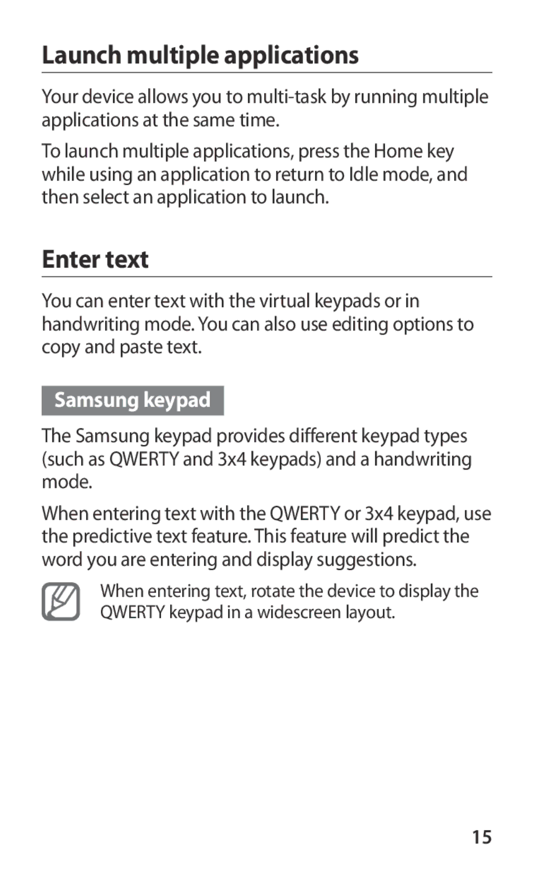 Samsung GT-I8160ZWAEPL, GT-I8160ZWADBT, GT-I8160OKAEPL manual Launch multiple applications, Enter text, Samsung keypad 