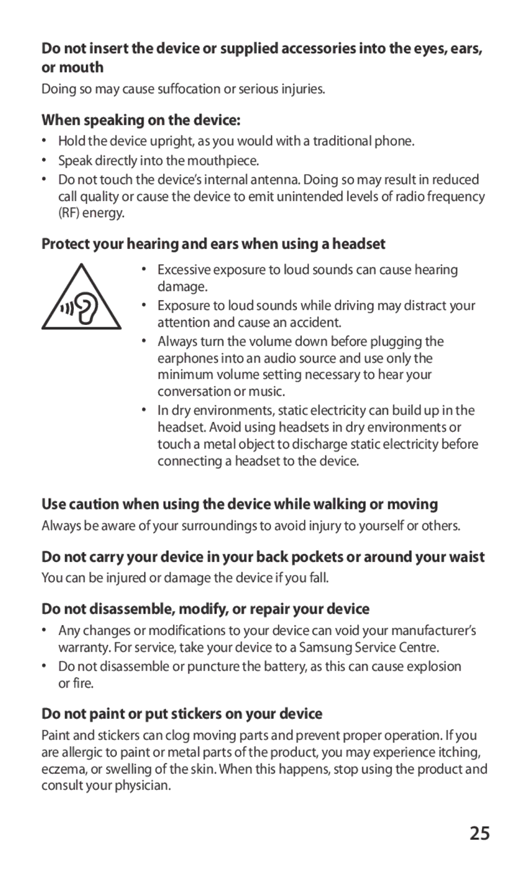 Samsung GT-I8160OKAXEF, GT-I8160ZWADBT When speaking on the device, Protect your hearing and ears when using a headset 