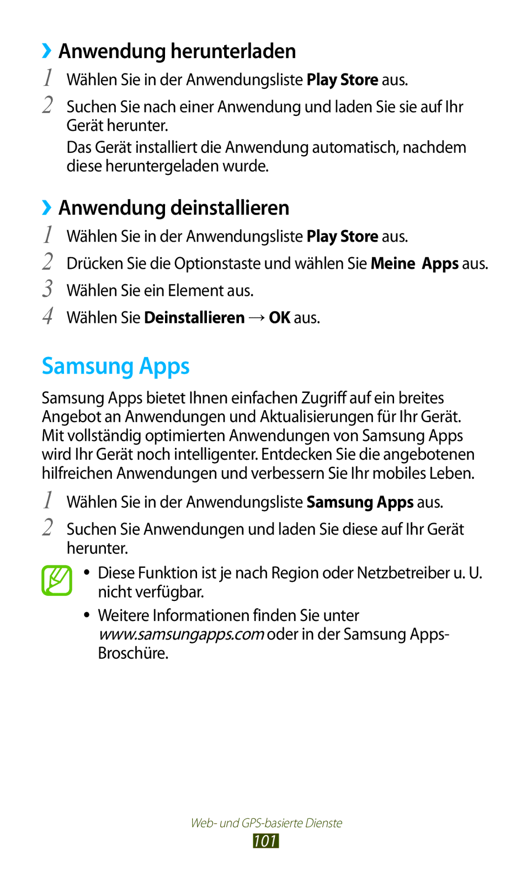 Samsung GT-I8160OKAATO, GT-I8160ZWADBT, GT-I8160OKAEPL, GT-I8160OKAXEO Samsung Apps, Wählen Sie Deinstallieren →OK aus, 101 