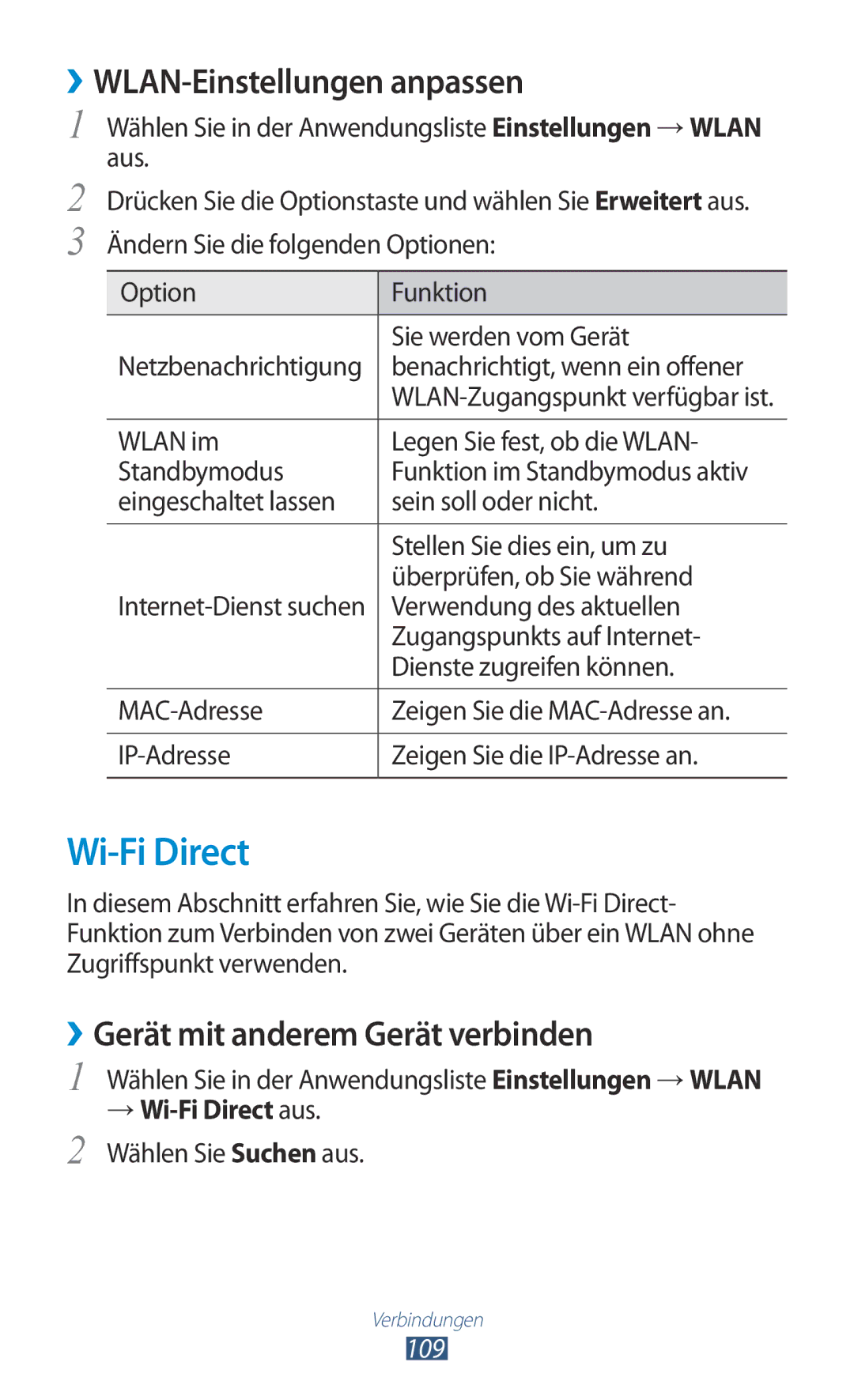 Samsung GT-I8160OKADBT manual Wi-Fi Direct, ››WLAN-Einstellungen anpassen, ››Gerät mit anderem Gerät verbinden, 109 