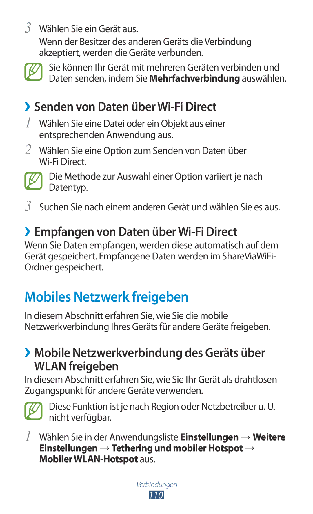 Samsung GT-I8160ZWAPRT, GT-I8160ZWADBT manual Mobiles Netzwerk freigeben, ››Senden von Daten über Wi-Fi Direct, 110 