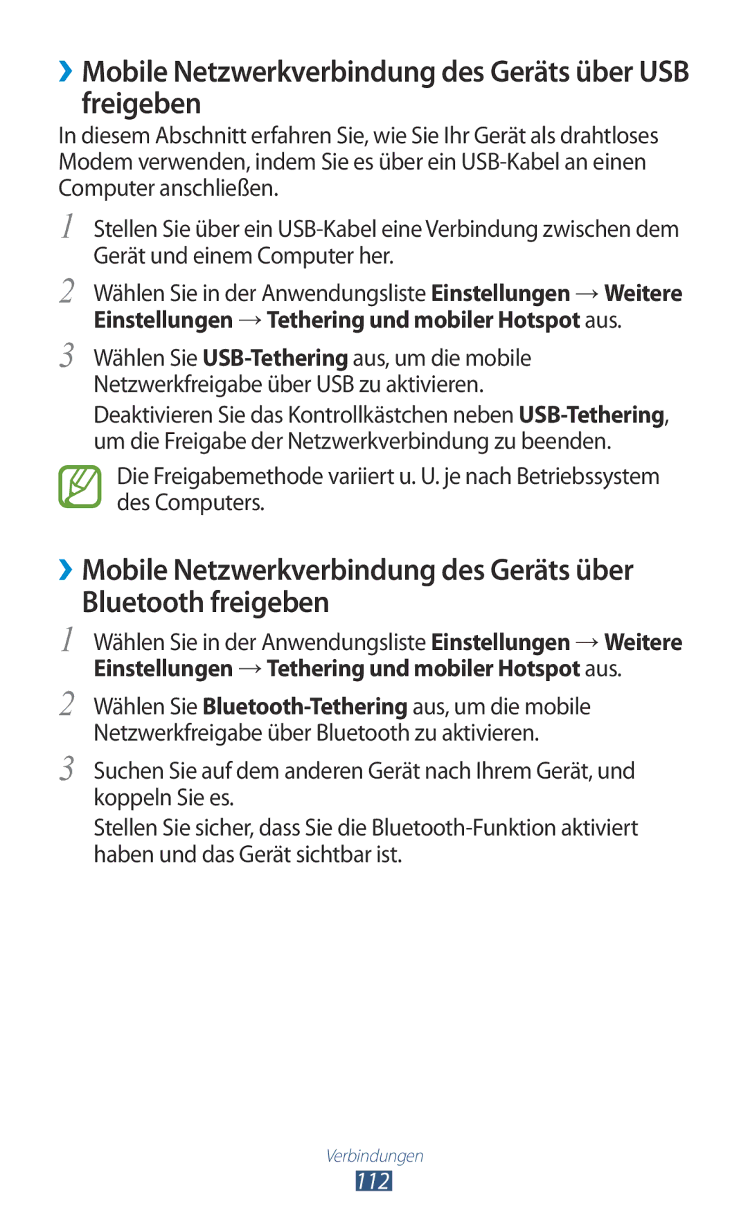 Samsung GT-I8160OKAITV, GT-I8160ZWADBT, GT-I8160OKAEPL manual ››Mobile Netzwerkverbindung des Geräts über USB freigeben, 112 