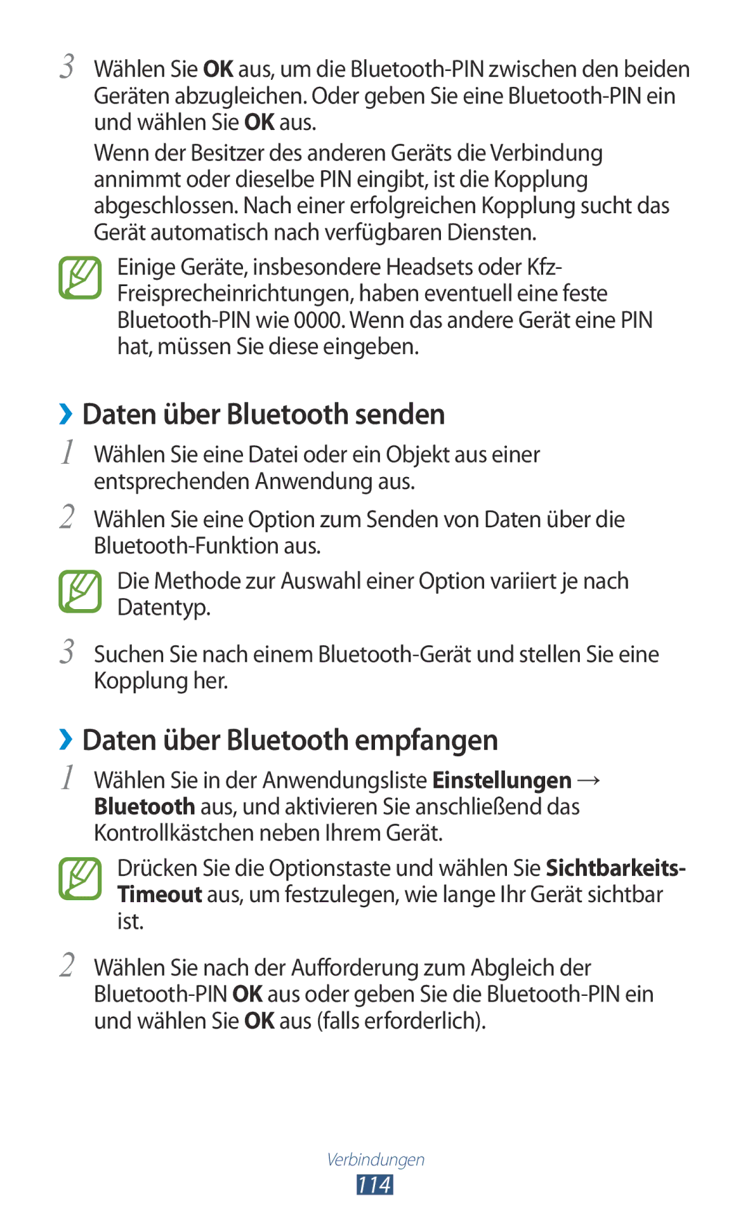 Samsung GT-I8160OKACOS, GT-I8160ZWADBT, GT-I8160OKAEPL ››Daten über Bluetooth senden, ››Daten über Bluetooth empfangen, 114 