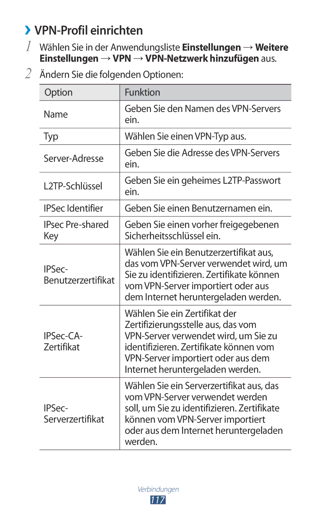 Samsung GT-I8160OKAVIT, GT-I8160ZWADBT, GT-I8160OKAEPL, GT-I8160OKAXEO, GT-I8160OKATUR manual ››VPN-Profil einrichten, 117 