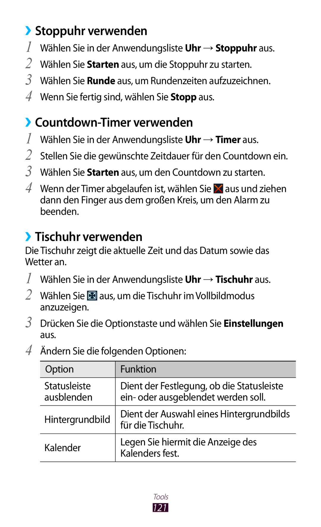 Samsung GT-I8160OKAEPL, GT-I8160ZWADBT manual ››Stoppuhr verwenden, ››Countdown-Timer verwenden, ››Tischuhr verwenden, 121 