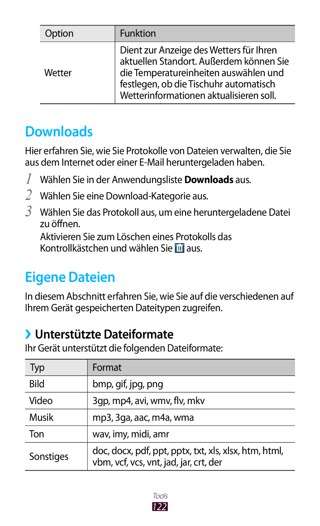 Samsung GT-I8160OKAXEO, GT-I8160ZWADBT, GT-I8160OKAEPL manual Downloads, Eigene Dateien, ››Unterstützte Dateiformate, 122 