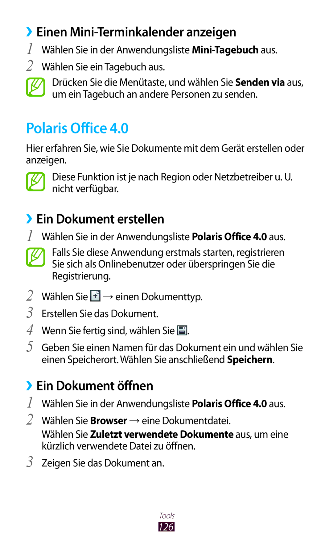 Samsung GT-I8160ZWATUR, GT-I8160ZWADBT Polaris Office, ››Einen Mini-Terminkalender anzeigen, ››Ein Dokument erstellen, 126 