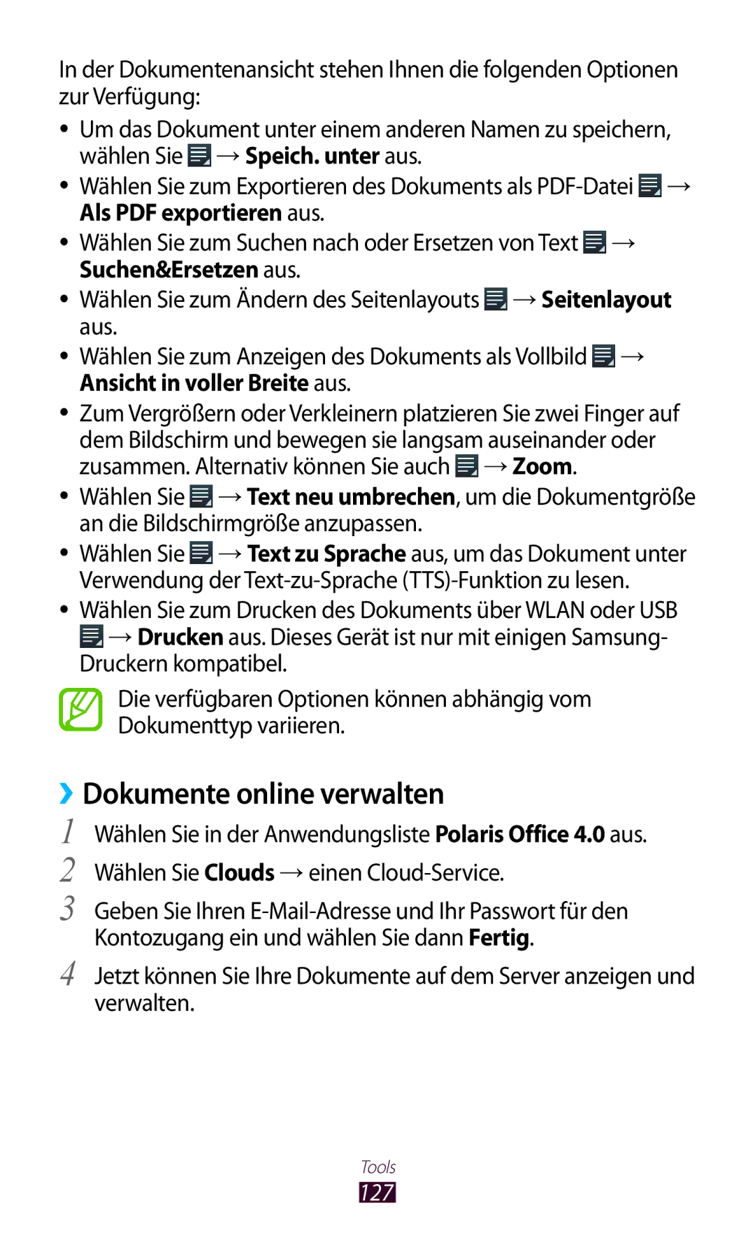 Samsung GT-I8160ZWATMN, GT-I8160ZWADBT, GT-I8160OKAEPL, GT-I8160OKAXEO, GT-I8160OKATUR manual ››Dokumente online verwalten, 127 