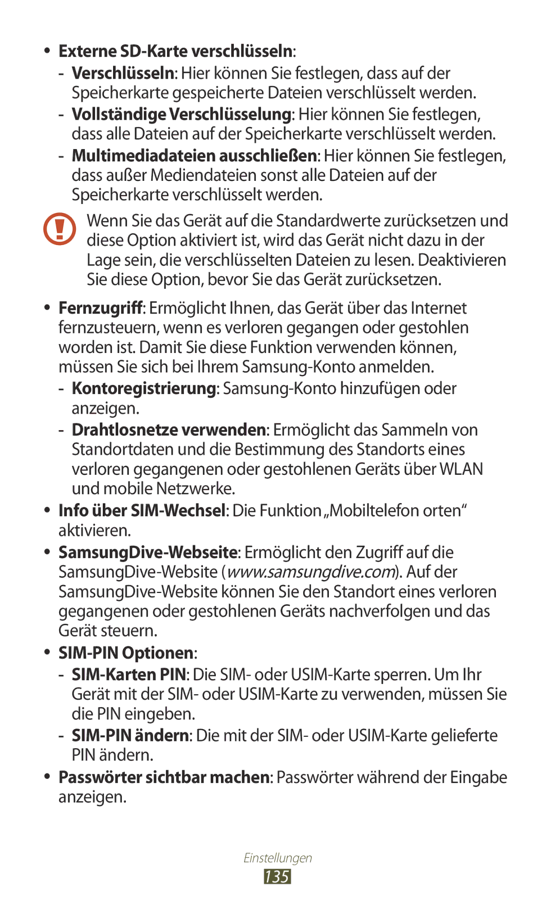 Samsung GT-I8160ZWAEPL Externe SD-Karte verschlüsseln, Kontoregistrierung Samsung-Konto hinzufügen oder anzeigen, 135 