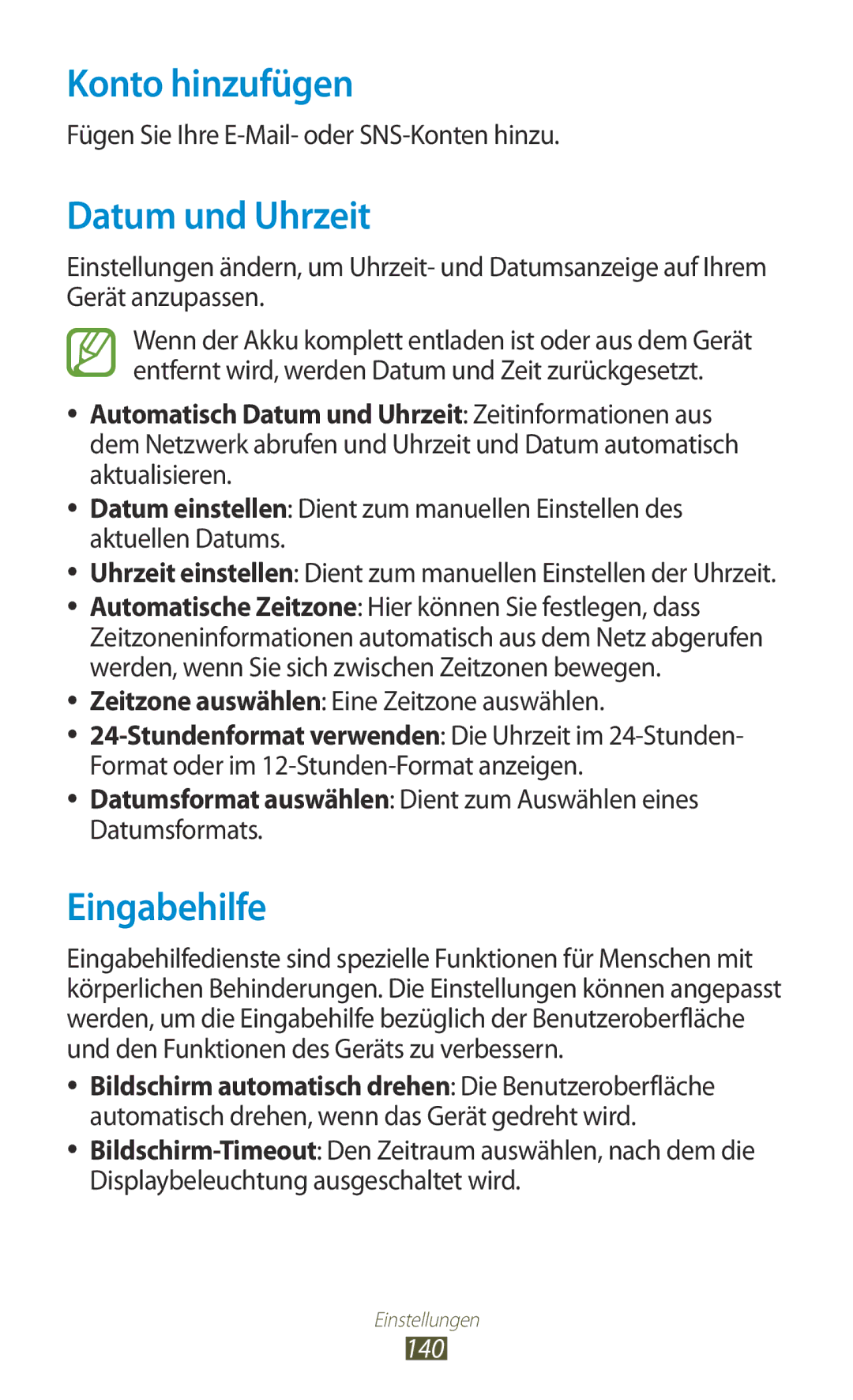 Samsung GT-I8160ZWAEUR, GT-I8160ZWADBT, GT-I8160OKAEPL manual Konto hinzufügen, Datum und Uhrzeit, Eingabehilfe, 140 