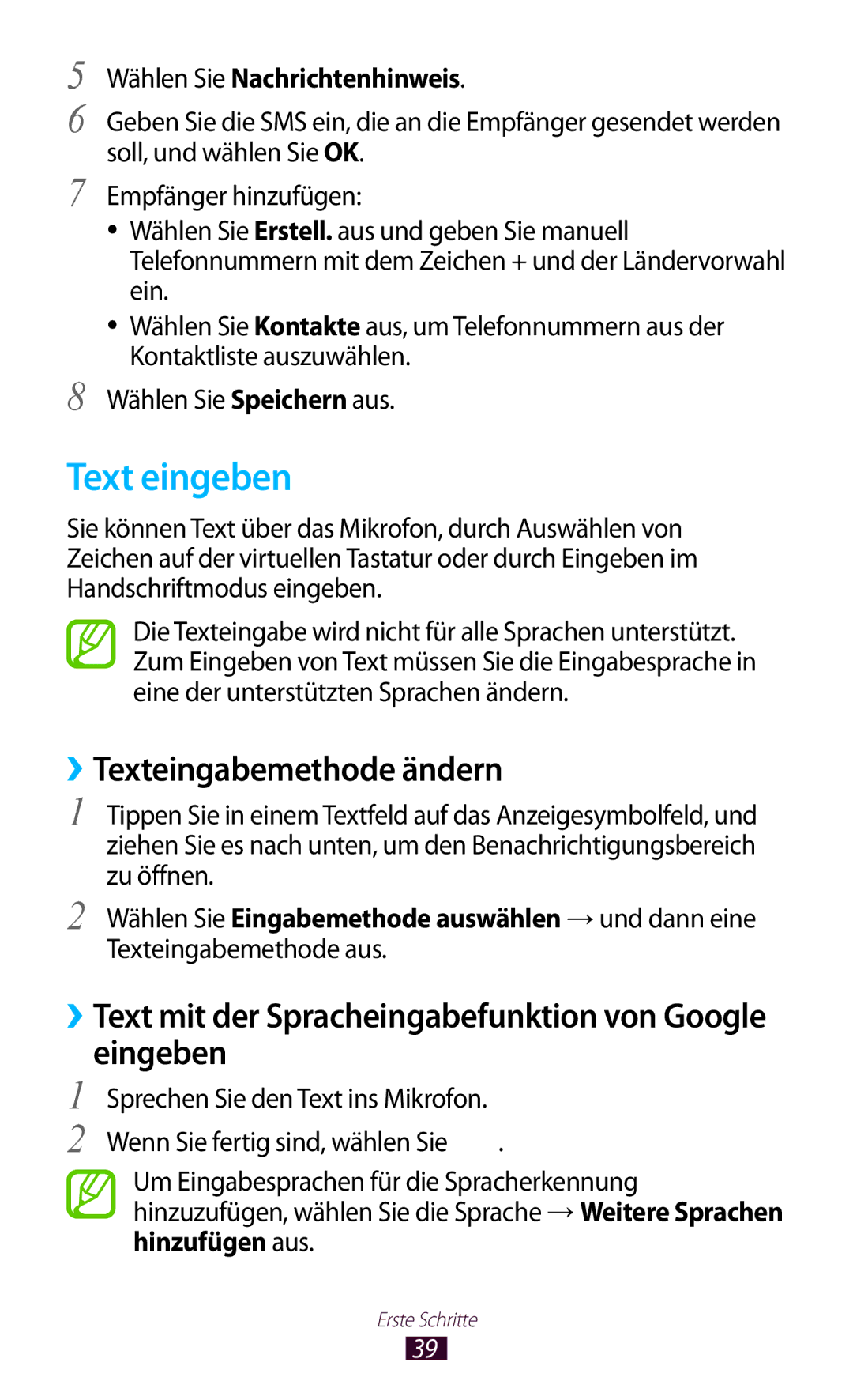 Samsung GT-I8160ZWAEPL, GT-I8160ZWADBT manual Text eingeben, ››Texteingabemethode ändern, Wählen Sie Nachrichtenhinweis 