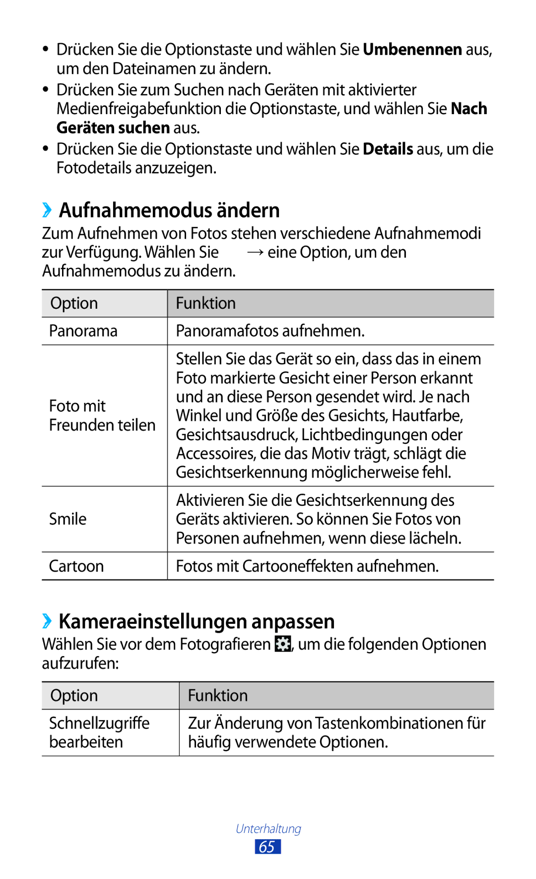 Samsung GT-I8160OKAHUI, GT-I8160ZWADBT, GT-I8160OKAEPL manual ››Aufnahmemodus ändern, ››Kameraeinstellungen anpassen 