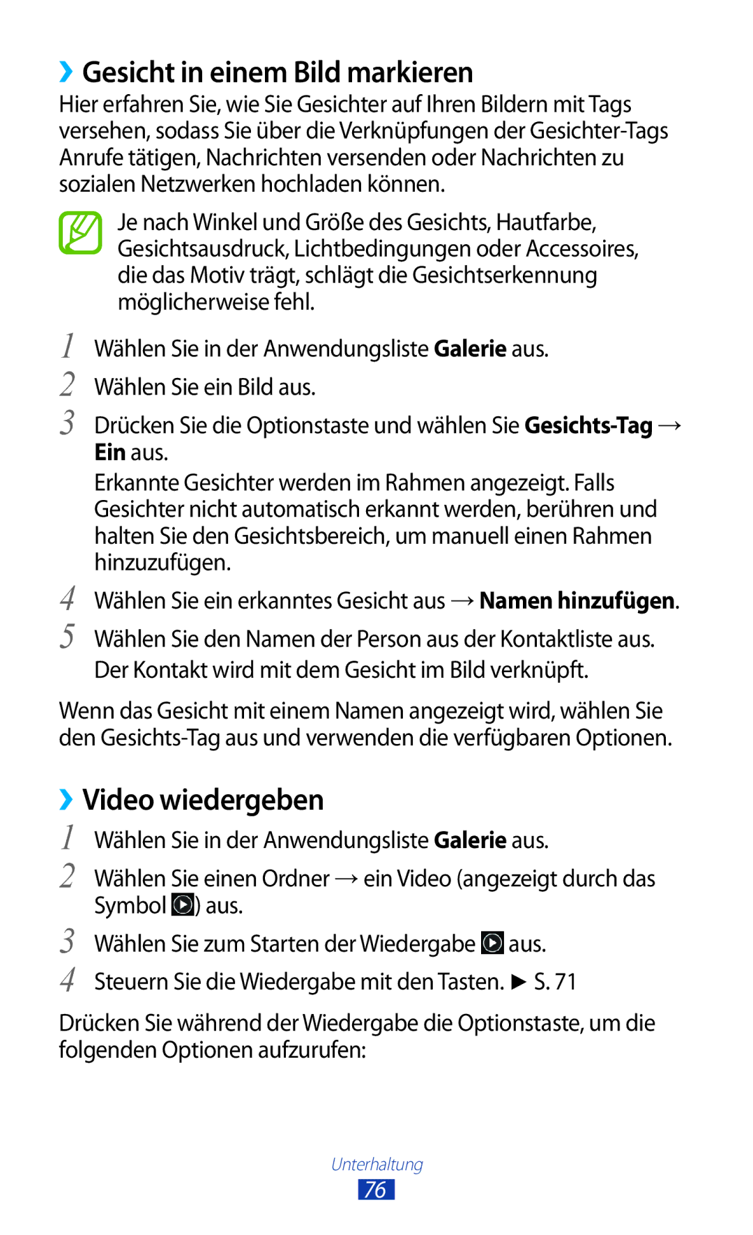 Samsung GT-I8160OKAEUR, GT-I8160ZWADBT, GT-I8160OKAEPL manual ››Gesicht in einem Bild markieren, ››Video wiedergeben 
