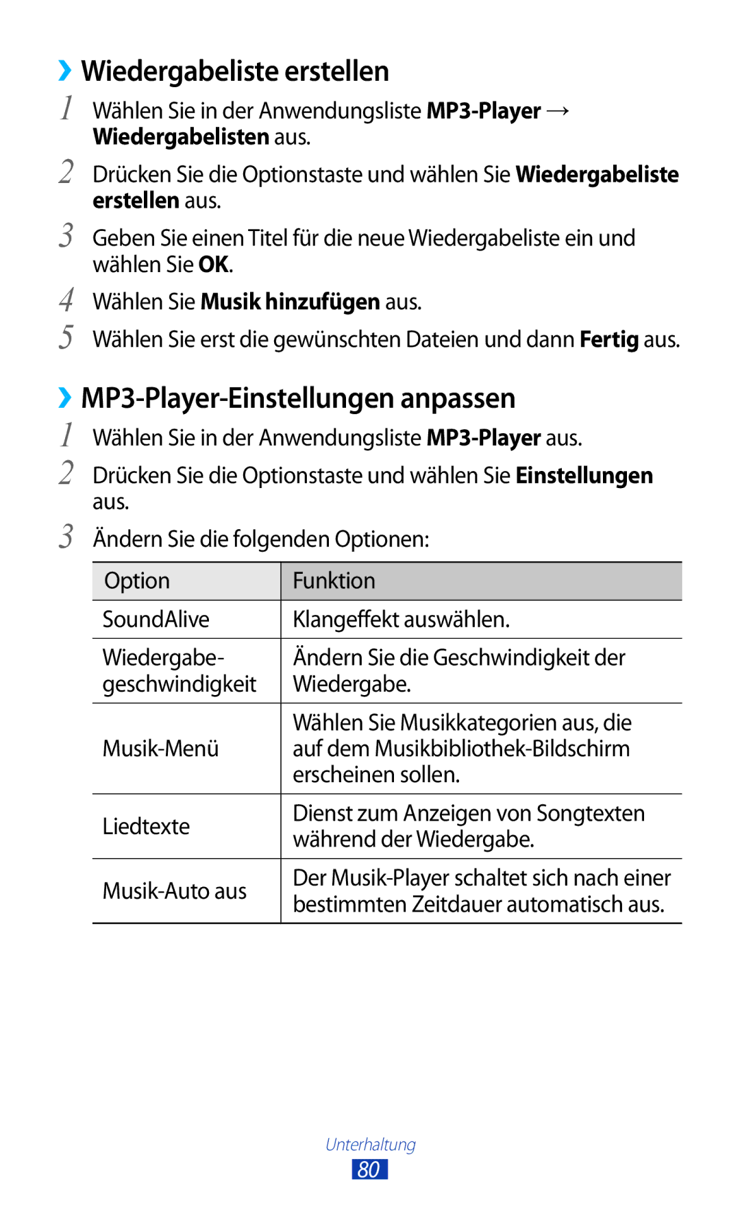 Samsung GT-I8160ZWAITV manual ››Wiedergabeliste erstellen, ››MP3-Player-Einstellungen anpassen, Wiedergabelisten aus 