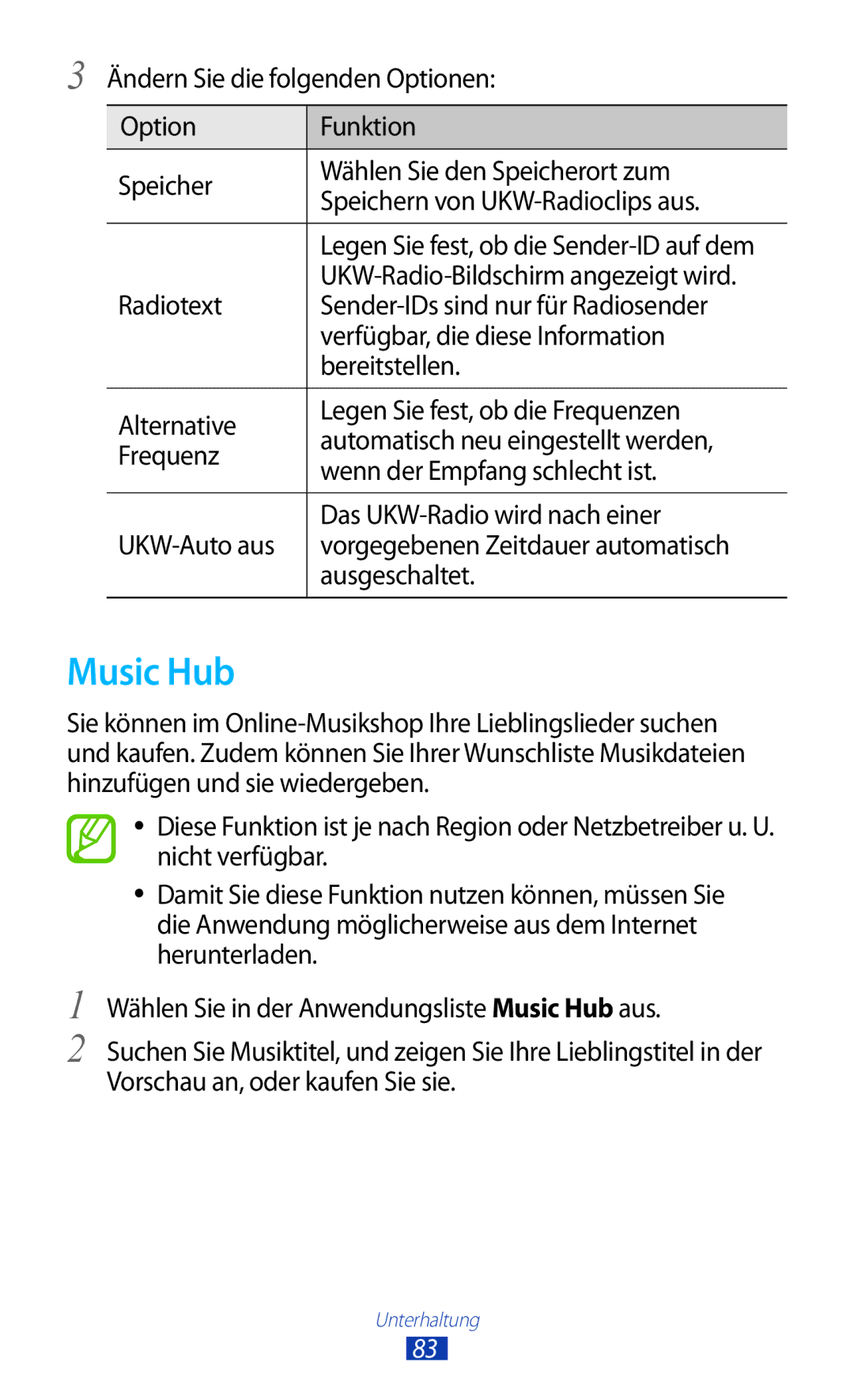 Samsung GT-I8160OKAPRT manual Music Hub, Radiotext, Sender-IDs sind nur für Radiosender, Verfügbar, die diese Information 