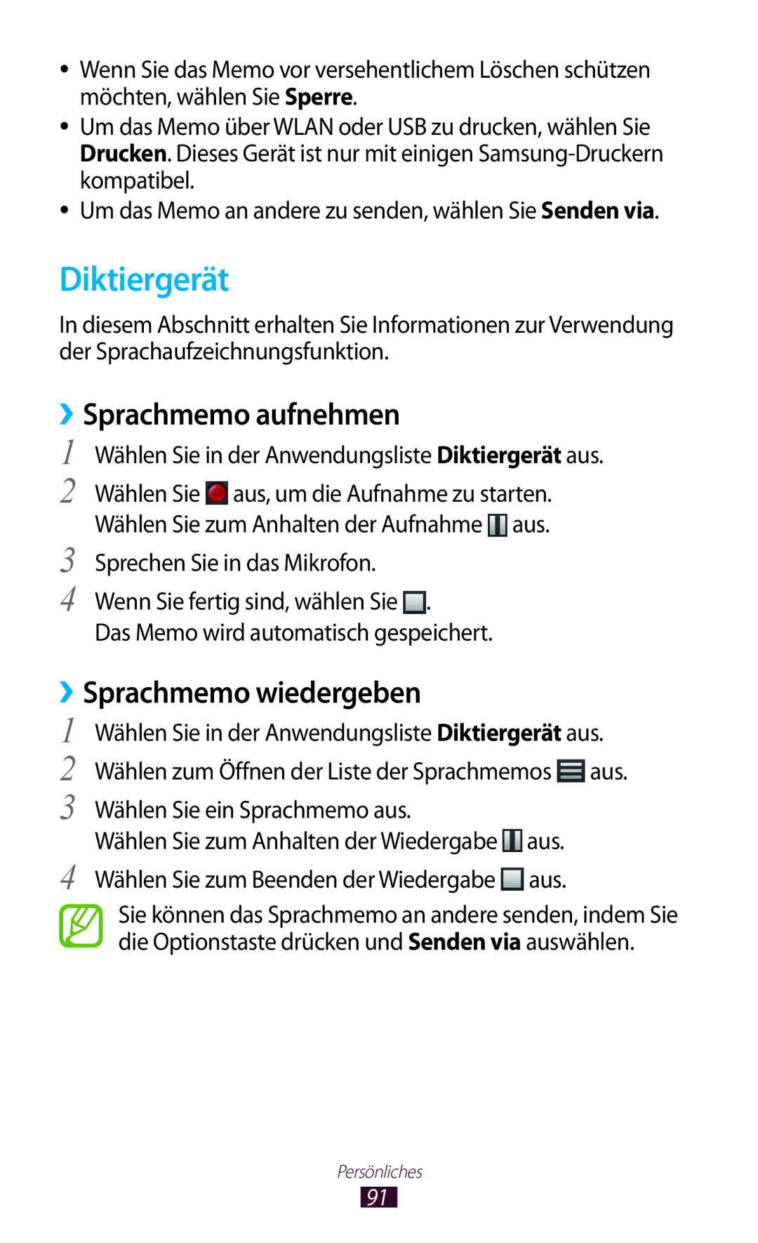 Samsung GT-I8160ZWAVIA, GT-I8160ZWADBT, GT-I8160OKAEPL manual Diktiergerät, ››Sprachmemo aufnehmen, ››Sprachmemo wiedergeben 