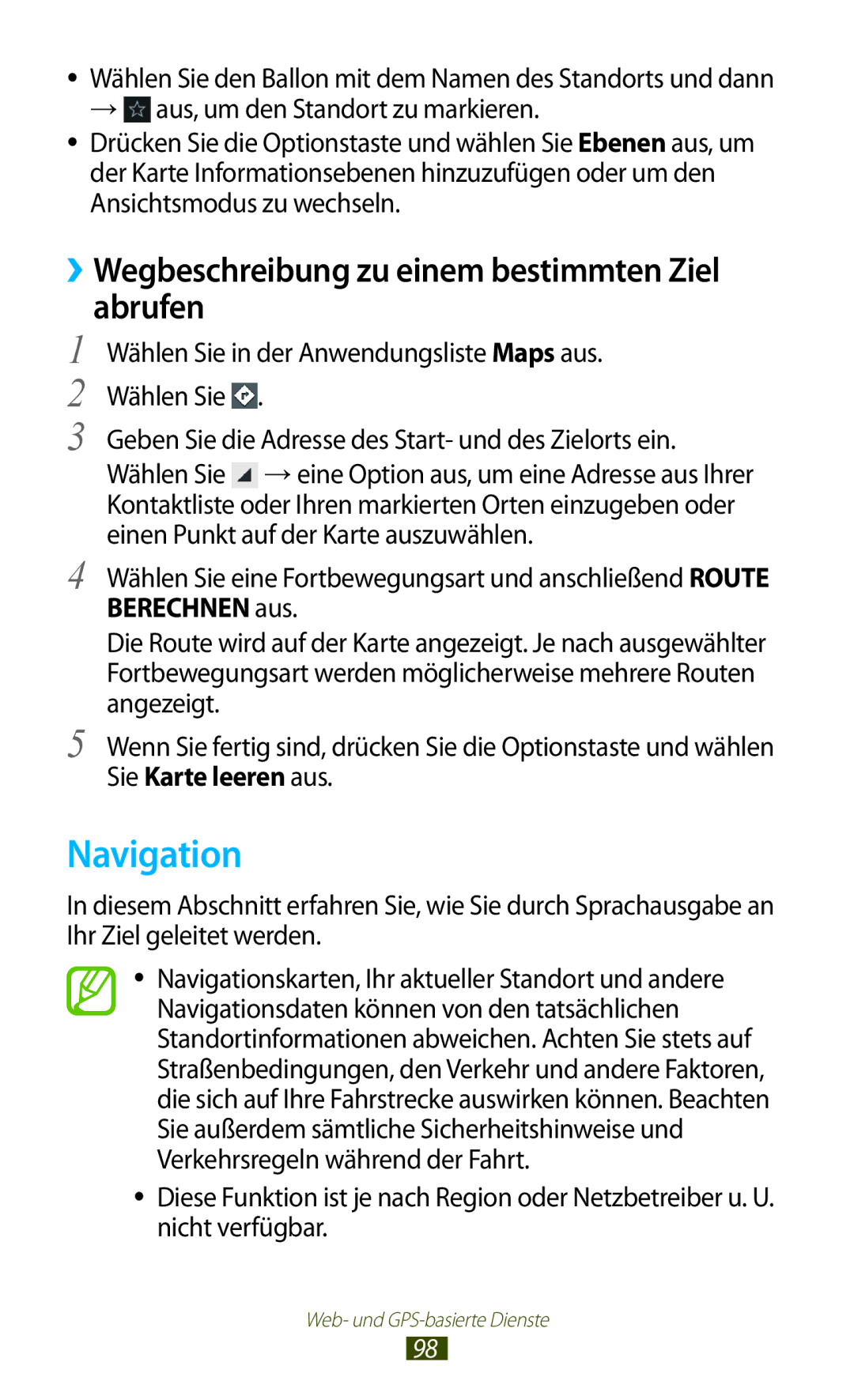 Samsung GT-I8160OKAXEO, GT-I8160ZWADBT, GT-I8160OKAEPL manual Navigation, ››Wegbeschreibung zu einem bestimmten Ziel abrufen 