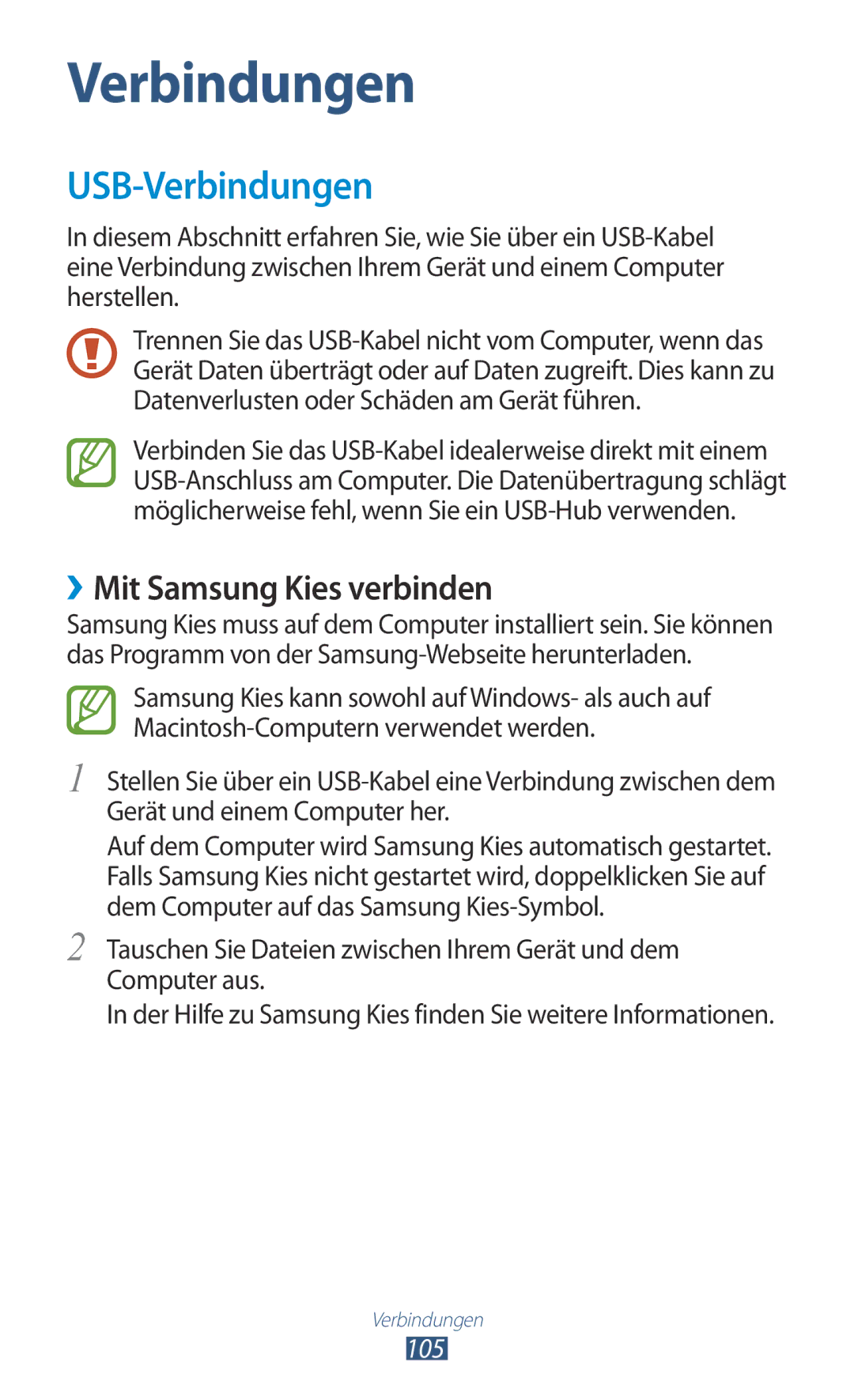 Samsung GT-I8160OKATPL, GT-I8160ZWADBT, GT-I8160OKAEPL, GT-I8160OKAXEO USB-Verbindungen, ››Mit Samsung Kies verbinden, 105 