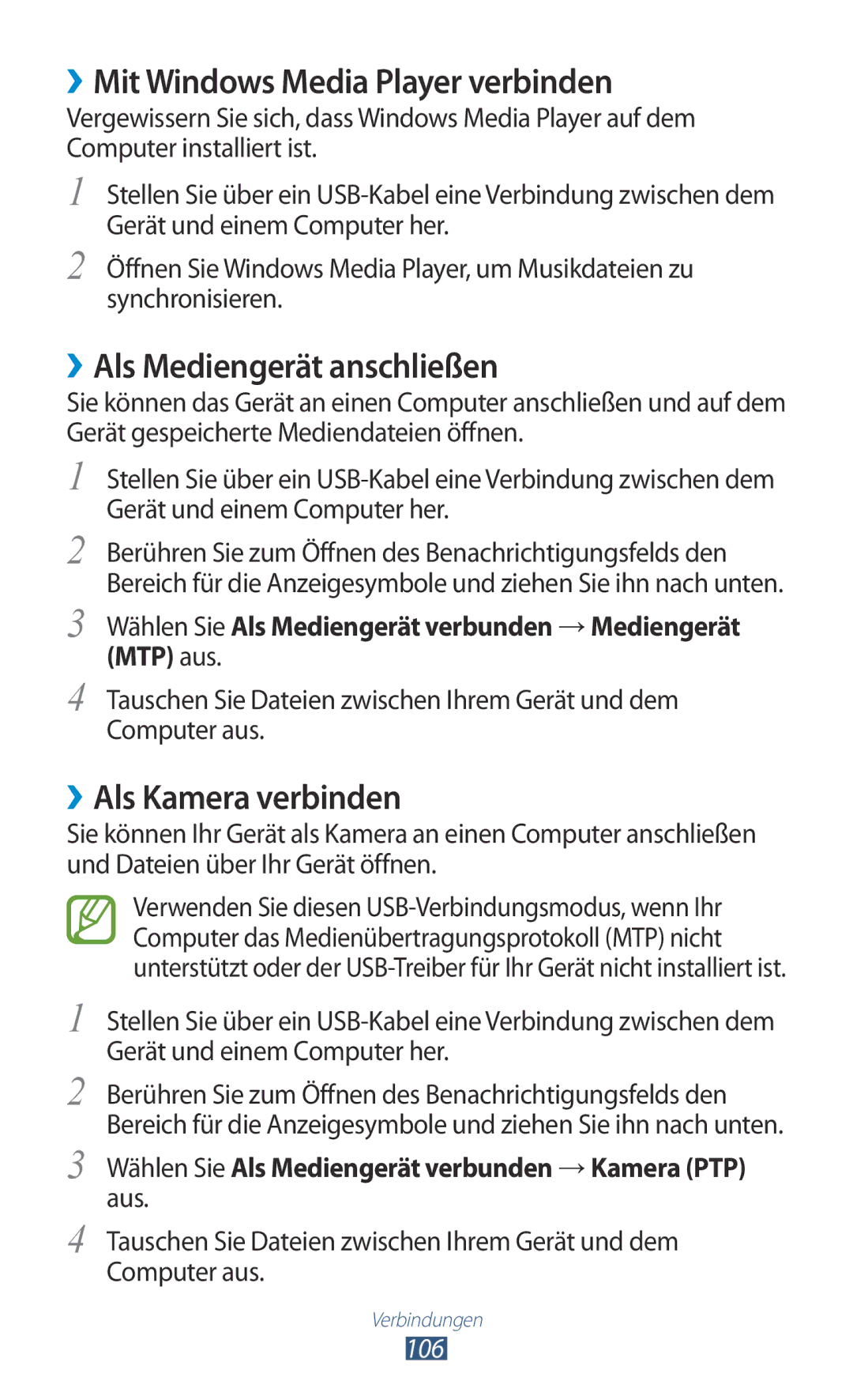 Samsung GT-I8160OKATMN manual ››Mit Windows Media Player verbinden, ››Als Mediengerät anschließen, ››Als Kamera verbinden 