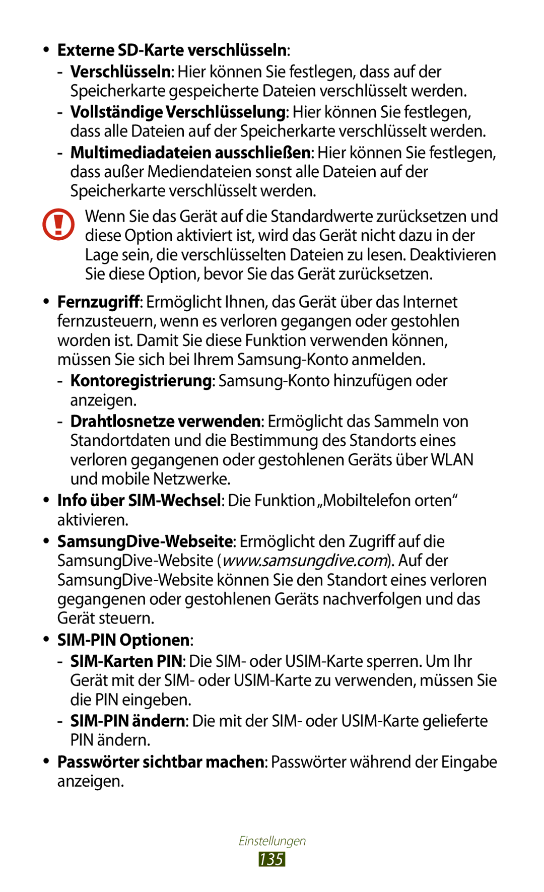 Samsung GT-I8160ZWAEPL Externe SD-Karte verschlüsseln, Kontoregistrierung Samsung-Konto hinzufügen oder anzeigen, 135 