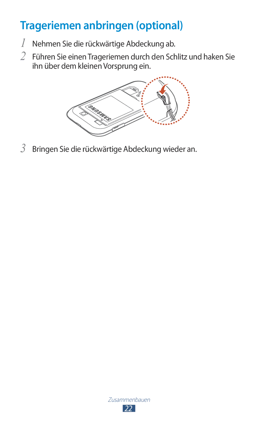 Samsung GT-I8160OKAVIA, GT-I8160ZWADBT, GT-I8160OKAEPL, GT-I8160OKAXEO, GT-I8160OKATUR manual Trageriemen anbringen optional 