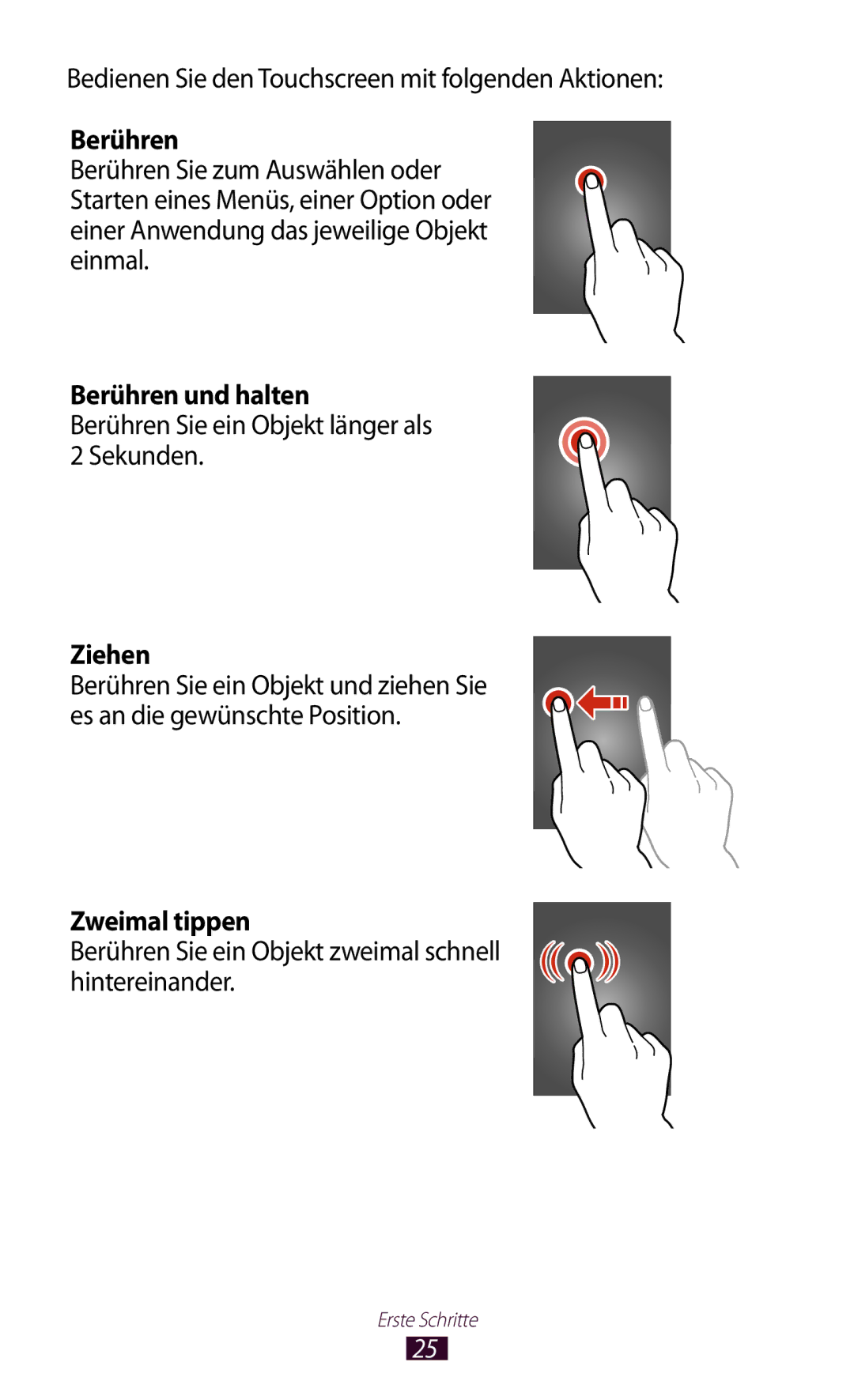 Samsung GT-I8160OKAEPL, GT-I8160ZWADBT, GT-I8160OKAXEO, GT-I8160OKATUR manual Berühren und halten, Ziehen, Zweimal tippen 