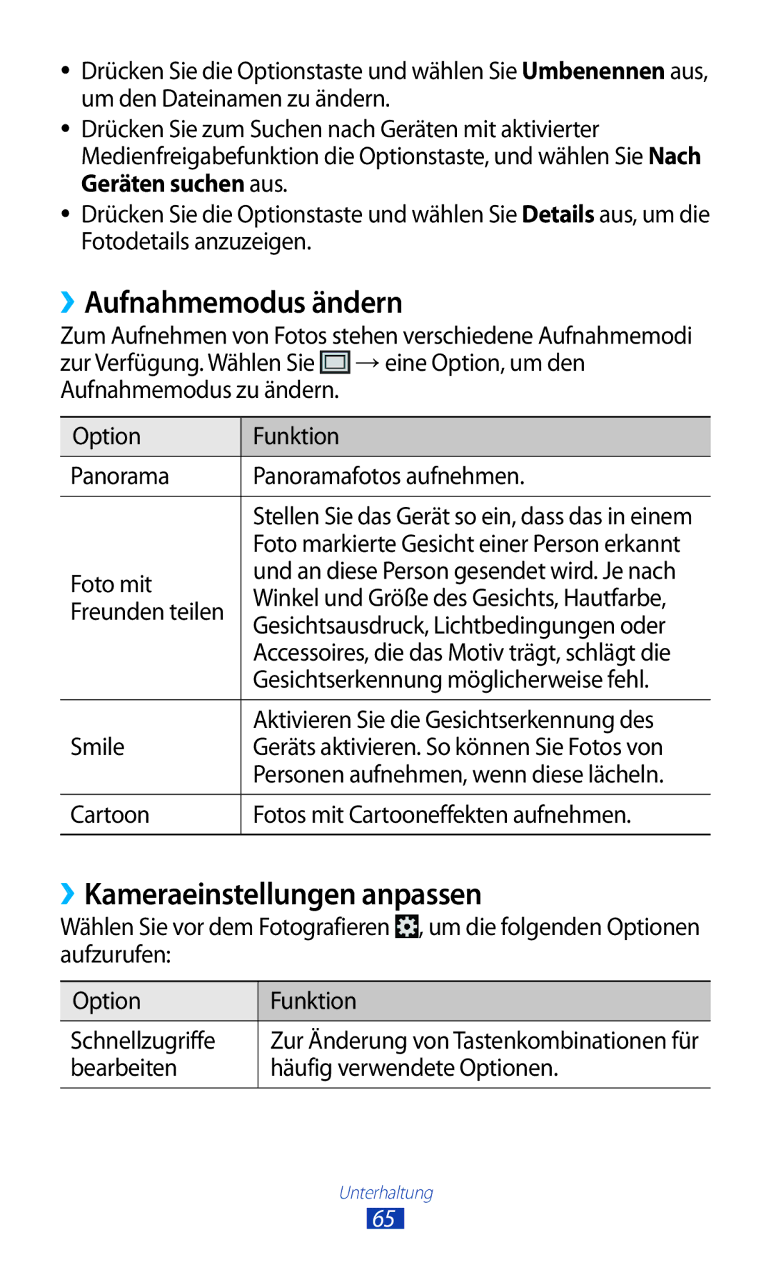 Samsung GT-I8160OKAHUI, GT-I8160ZWADBT, GT-I8160OKAEPL manual ››Aufnahmemodus ändern, ››Kameraeinstellungen anpassen 