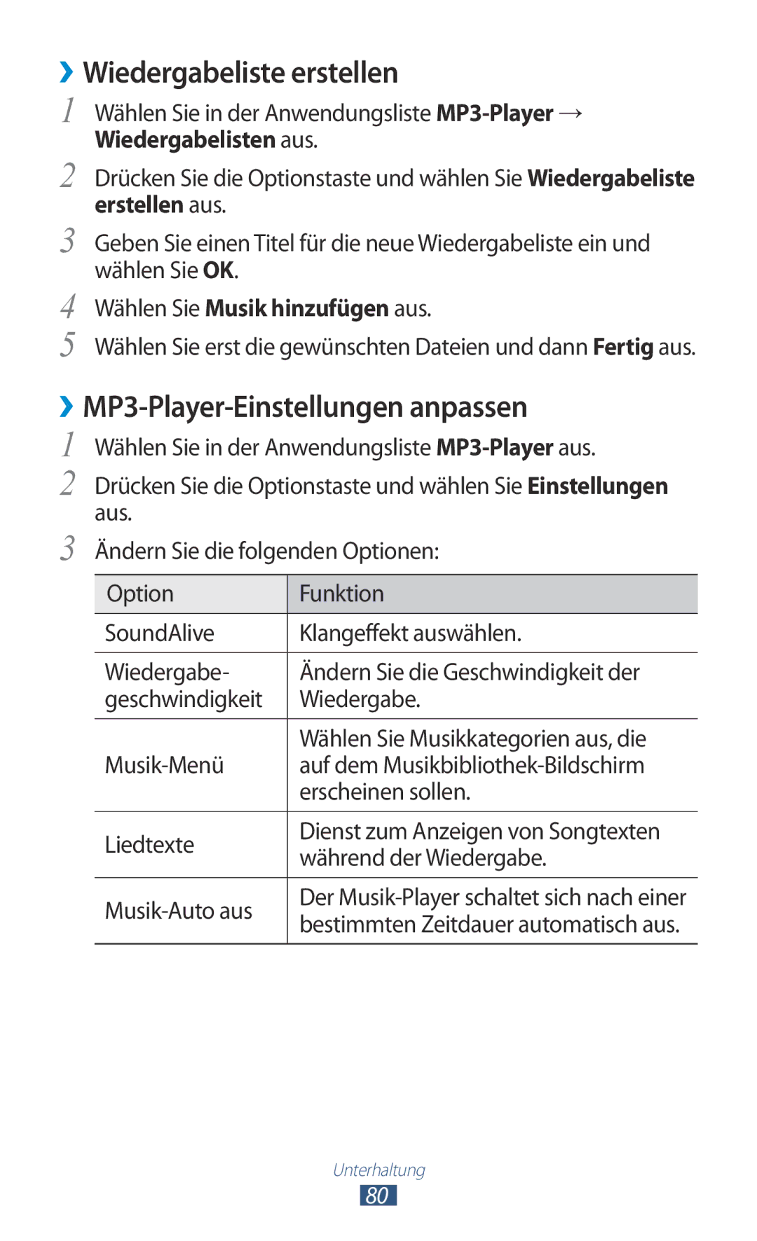 Samsung GT-I8160ZWAITV manual ››Wiedergabeliste erstellen, ››MP3-Player-Einstellungen anpassen, Wiedergabelisten aus 