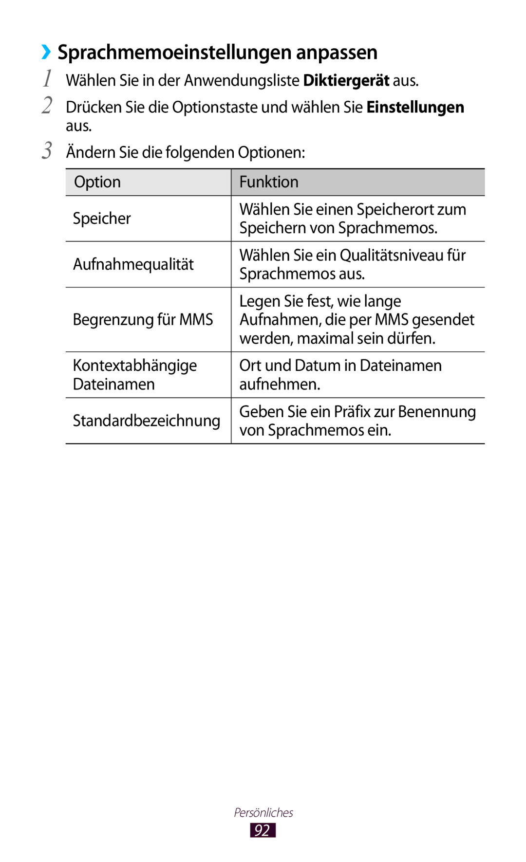 Samsung GT-I8160ZWAEUR, GT-I8160ZWADBT, GT-I8160OKAEPL, GT-I8160OKAXEO, GT-I8160OKATUR ››Sprachmemoeinstellungen anpassen 